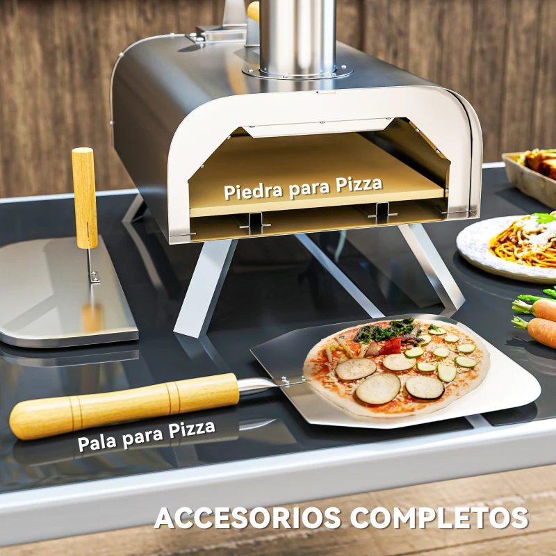 Outsunny Mini Horno de Leña para Pizza con Piedra Refractaria Pala y Patas Plegables para Camping y Exterior 79x36x75 cm Plata