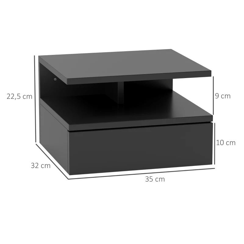 HOMCOM Comodino Sospeso per Camera da Letto con Cassetto e Mensola in Legno, 35x32x22.5cm, Nero