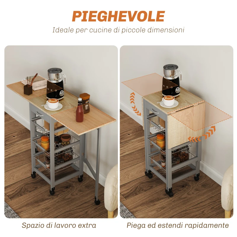 HOMCOM Carrello da Cucina con 3 Cestini, Cassetto e 2 Ribalte, in Legno e Metallo, 37x37x77.5 cm, Grigio e Rovere