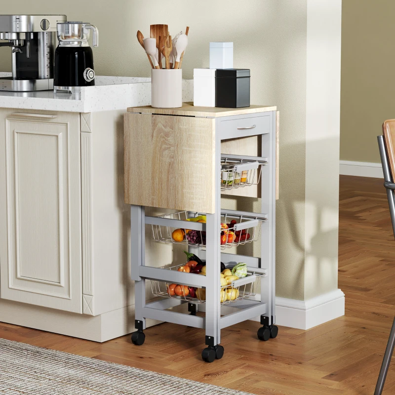 HOMCOM Carrello da Cucina con 3 Cestini, Cassetto e 2 Ribalte, in Legno e Metallo, 37x37x77.5 cm, Grigio e Rovere
