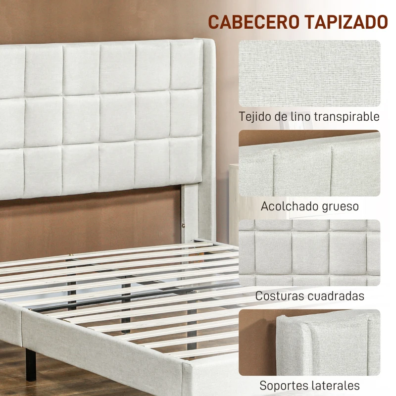 HOMCOM Estructura de Cama 135x190 cm con Cabecera y Espacio de Almacenamiento Debajo de la Cama Carga 300 kg Beige