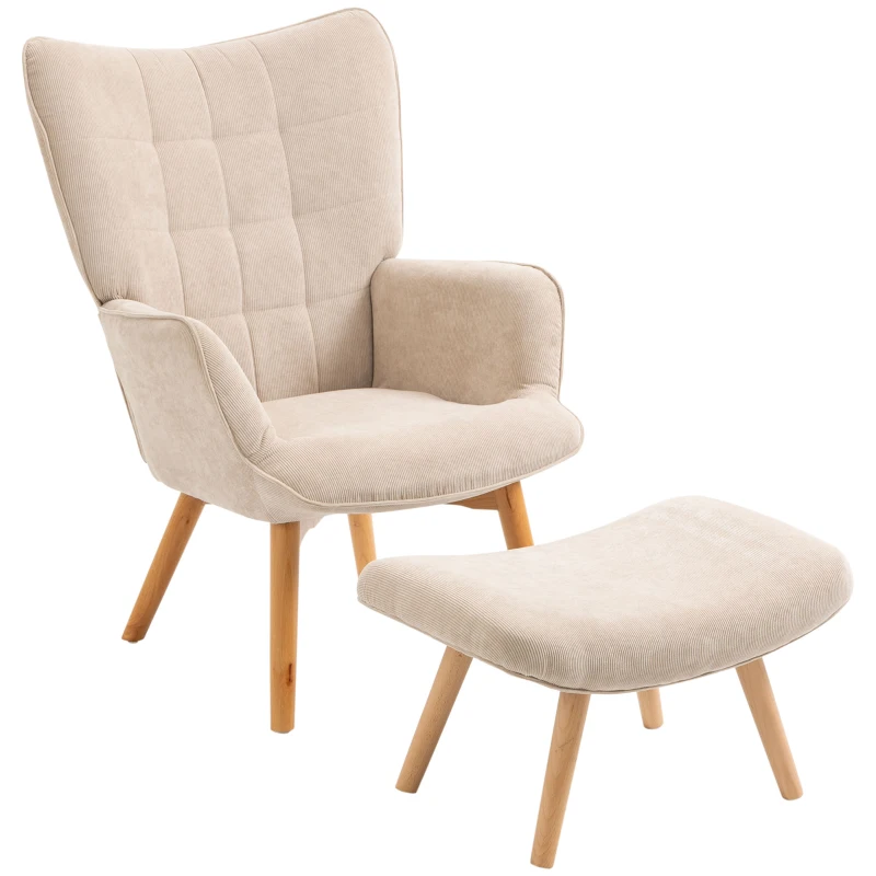 HOMCOM Fauteuil avec repose pied, dossier haut, pieds en bois et tissu aspect velours côtelé, pour salon chambre à coucher beige