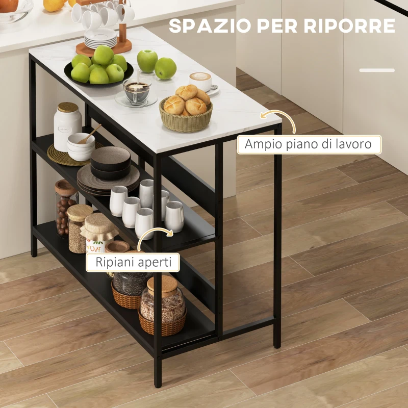 HOMCOM Isola da Cucina con Mensole, Piano Effetto Marmo e Struttura in Metallo, 100x50x90cm, Nero e Bianco