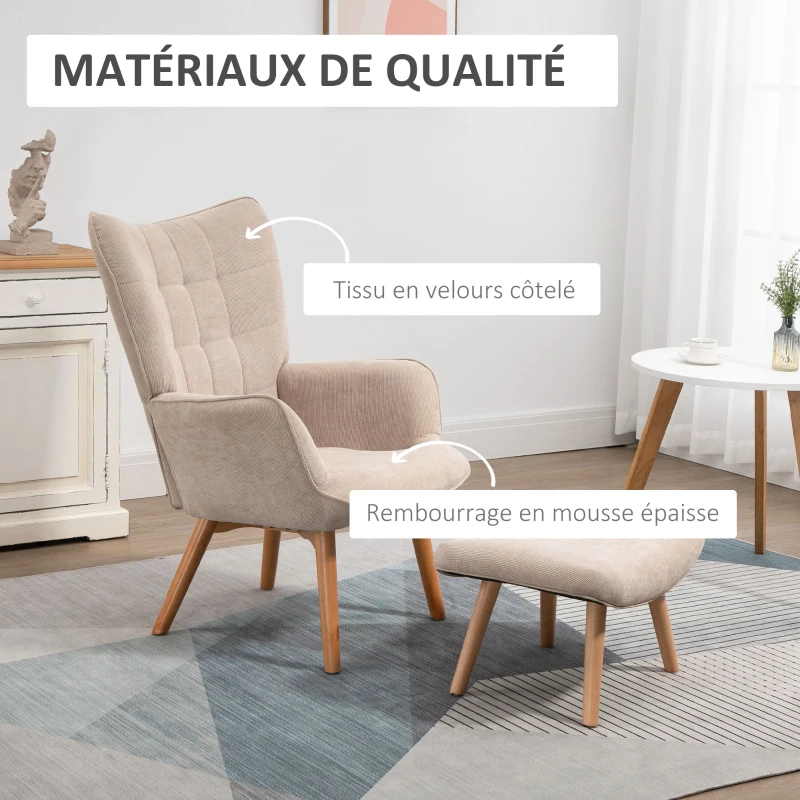 HOMCOM Fauteuil avec repose pied, dossier haut, pieds en bois et tissu aspect velours côtelé, pour salon chambre à coucher beige