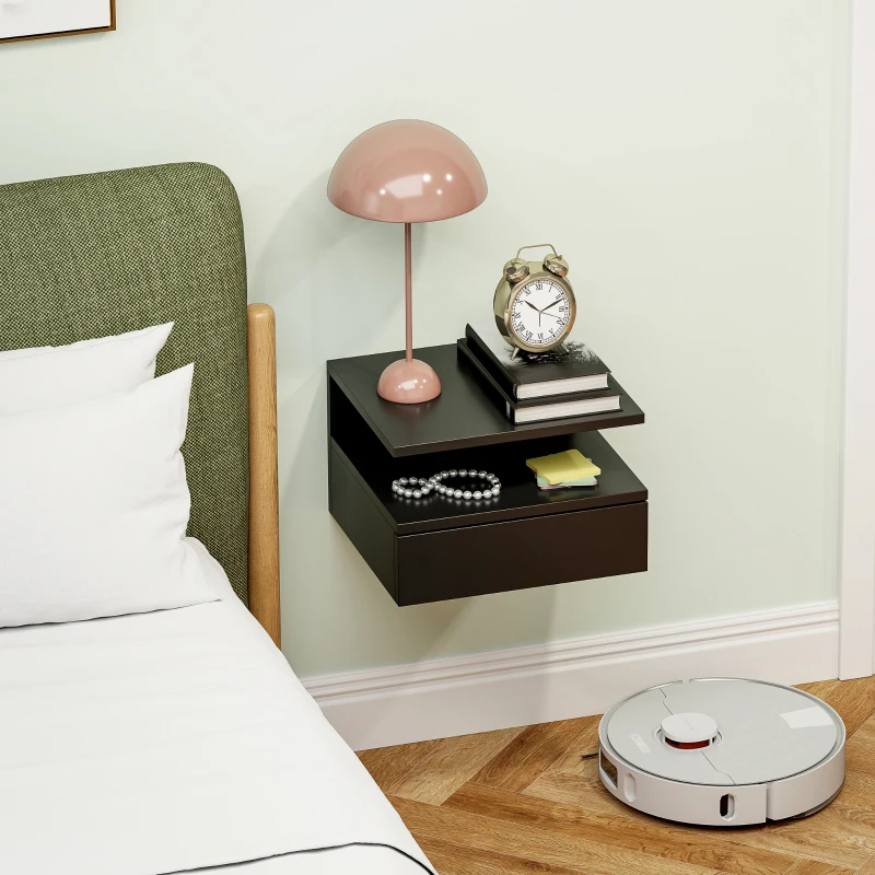 HOMCOM Comodino Sospeso per Camera da Letto con Cassetto e Mensola in Legno, 35x32x22.5cm, Nero