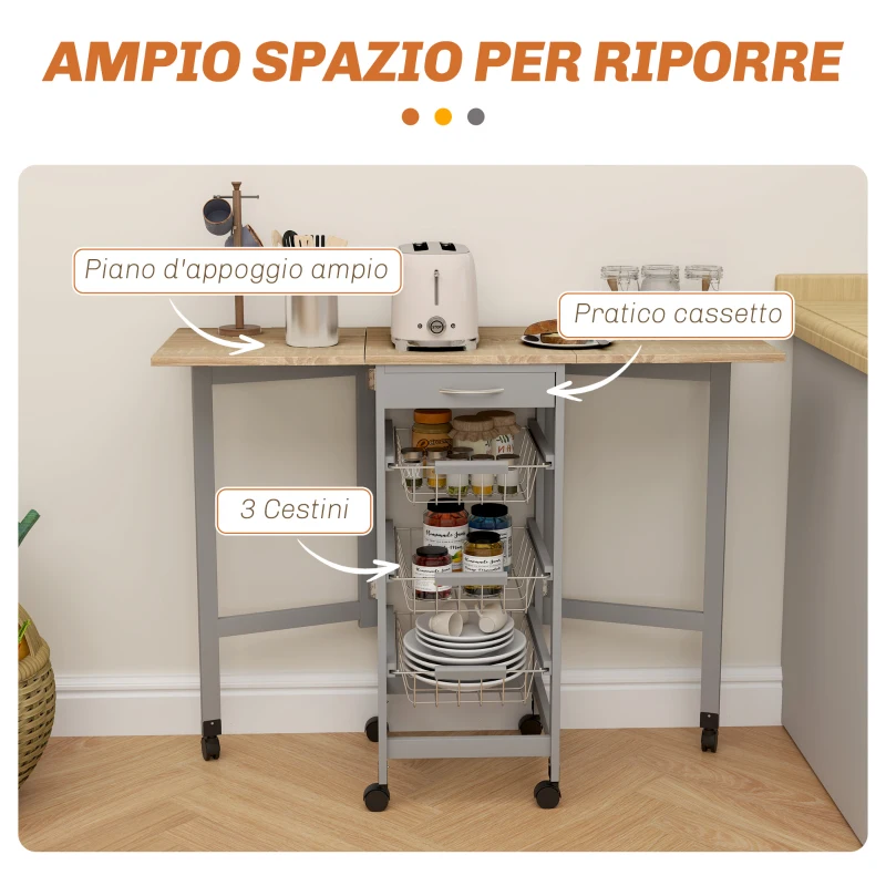 HOMCOM Carrello da Cucina con 3 Cestini, Cassetto e 2 Ribalte, in Legno e Metallo, 37x37x77.5 cm, Grigio e Rovere