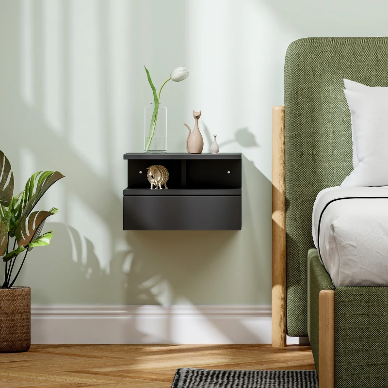 HOMCOM Comodino Sospeso per Camera da Letto con Cassetto e Mensola in Legno, 35x32x22.5cm, Nero