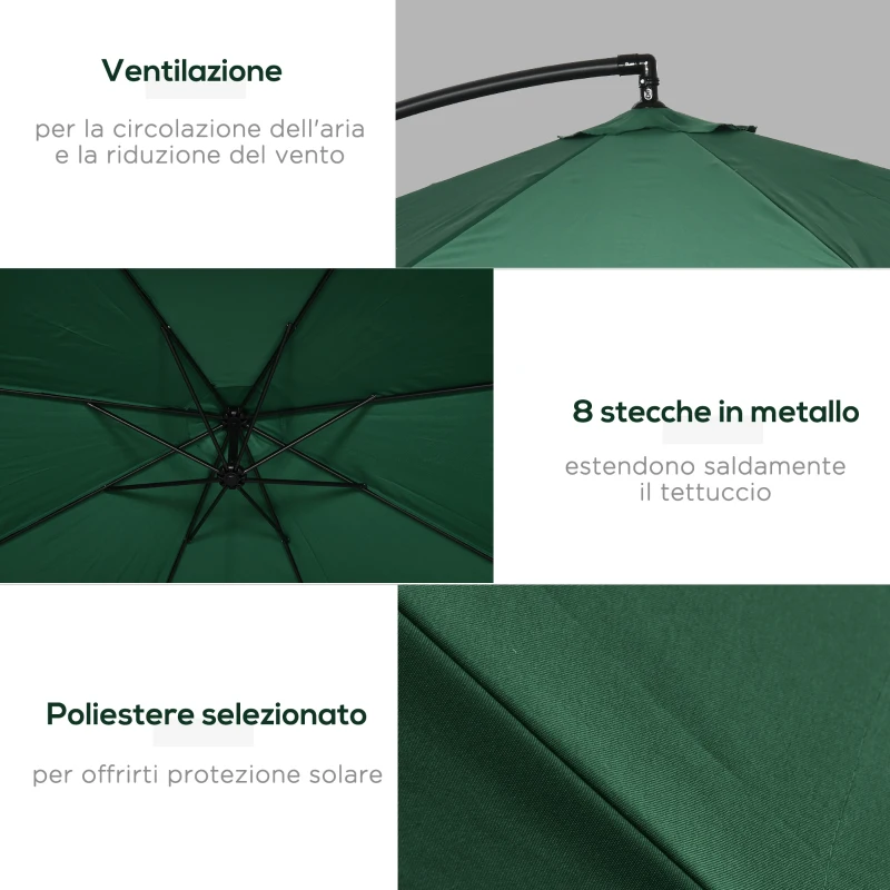 Outsunny Ombrellone da Giardino 3x3 m con Zanzariera, Apertura a Manovella e Base a Croce, Verde