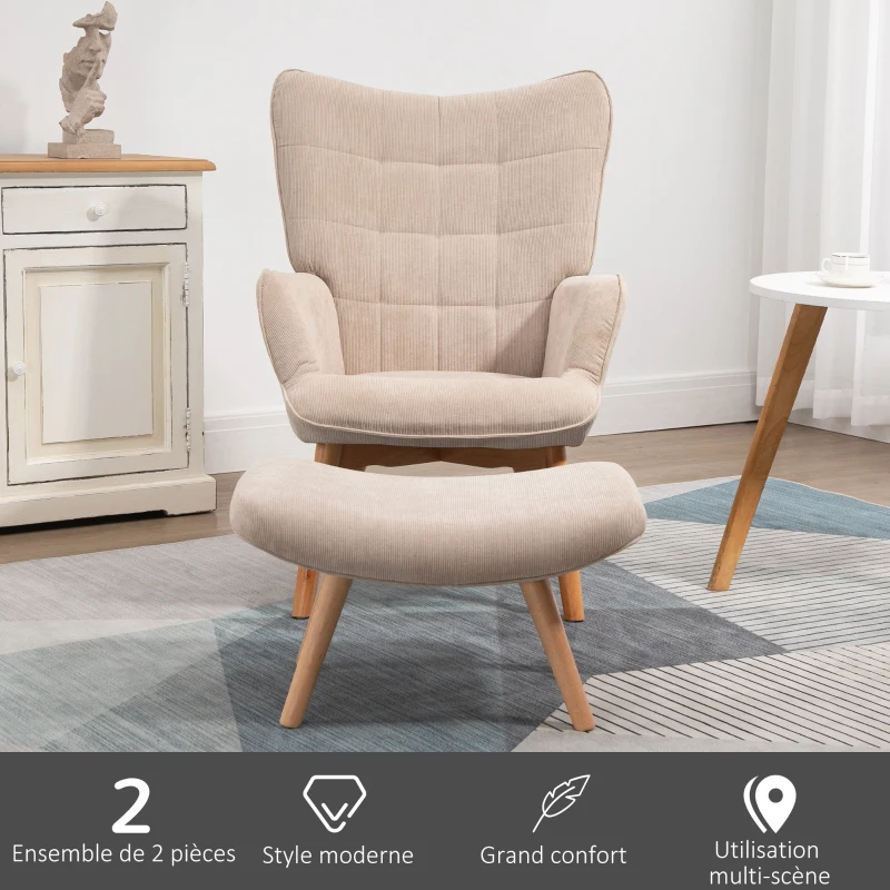 HOMCOM Fauteuil avec repose pied, dossier haut, pieds en bois et tissu aspect velours côtelé, pour salon chambre à coucher beige