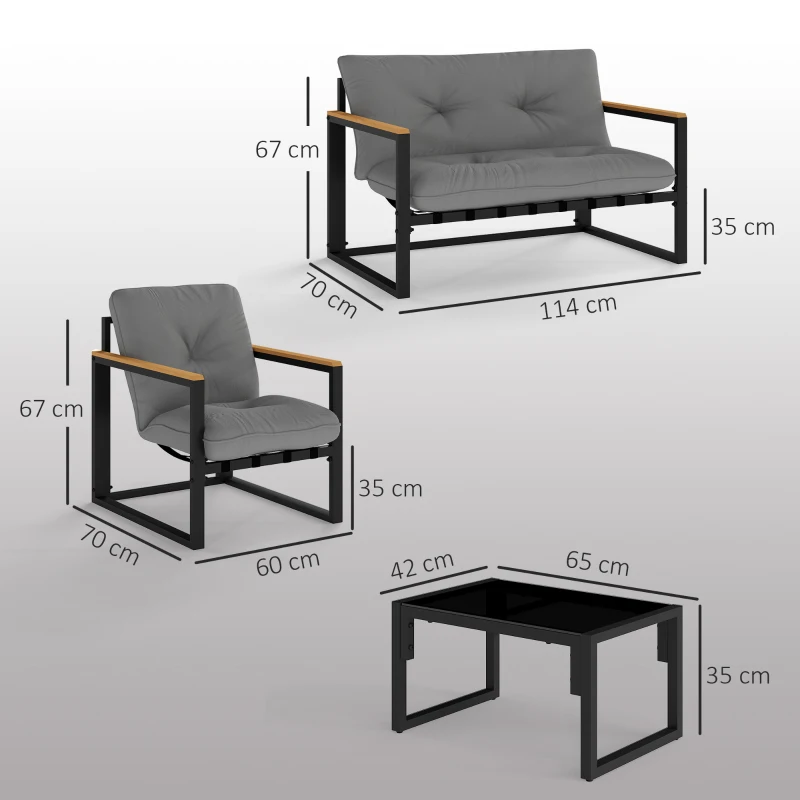 Outsunny Garden Furniture Set, 4 Piece Indoor Outdoor Conservatory with Loveseat Sofa, Armchairs, Glass Top Coffee Table, Cushions for Balcony, Poolside, Patio, Light Grey