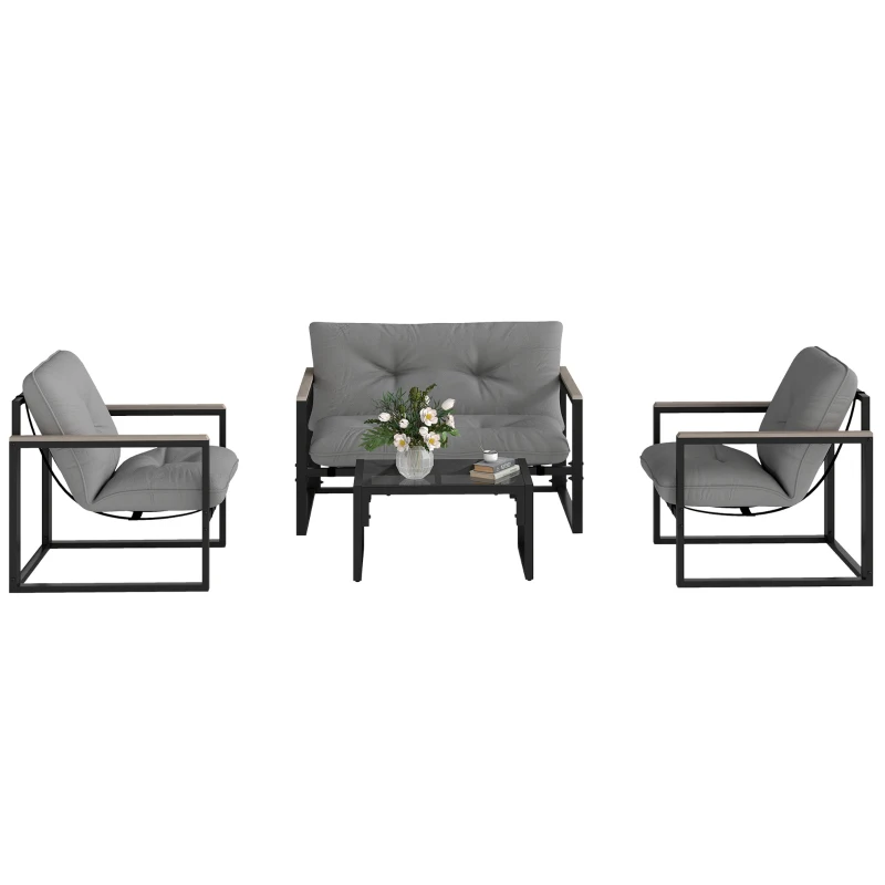 Outsunny Garden Furniture Set, 4 Piece Indoor Outdoor Conservatory with Loveseat Sofa, Armchairs, Glass Top Coffee Table, Cushions for Balcony, Poolside, Patio, Dark Grey