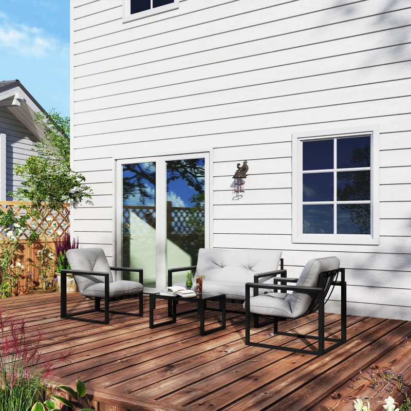 Outsunny Garden Furniture Set, 4 Piece Indoor Outdoor Conservatory with Loveseat Sofa, Armchairs, Glass Top Coffee Table, Cushions for Balcony, Poolside, Patio, Dark Grey