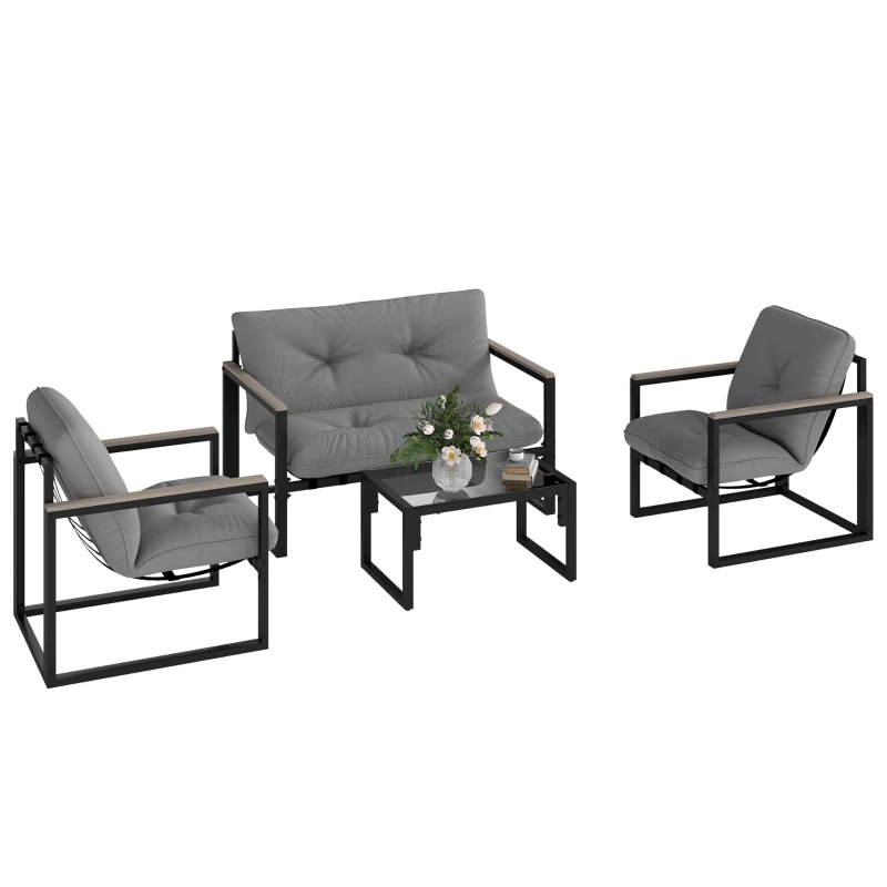 Outsunny Garden Furniture Set, 4 Piece Indoor Outdoor Conservatory with Loveseat Sofa, Armchairs, Glass Top Coffee Table, Cushions for Balcony, Poolside, Patio, Dark Grey