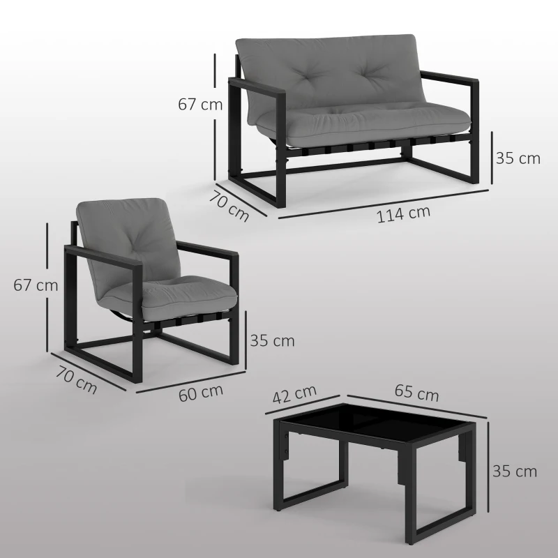 Outsunny Garden Furniture Set, 4 Piece Indoor Outdoor Conservatory with Loveseat Sofa, Armchairs, Glass Top Coffee Table, Cushions for Balcony, Poolside, Patio, Dark Grey