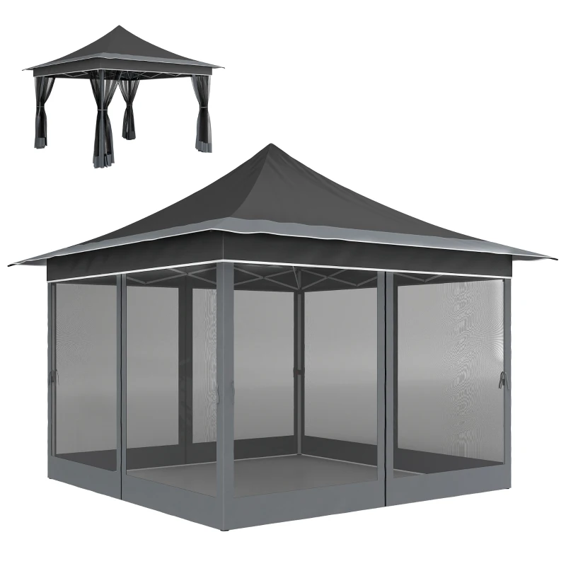Outsunny Tenda Dobrável 3,5x3,5x3 m com Altura Ajustável 4 Mosquiteiros Proteção UV50+ e Bolsa de Transporte Tenda para Eventos Cinza Escuro