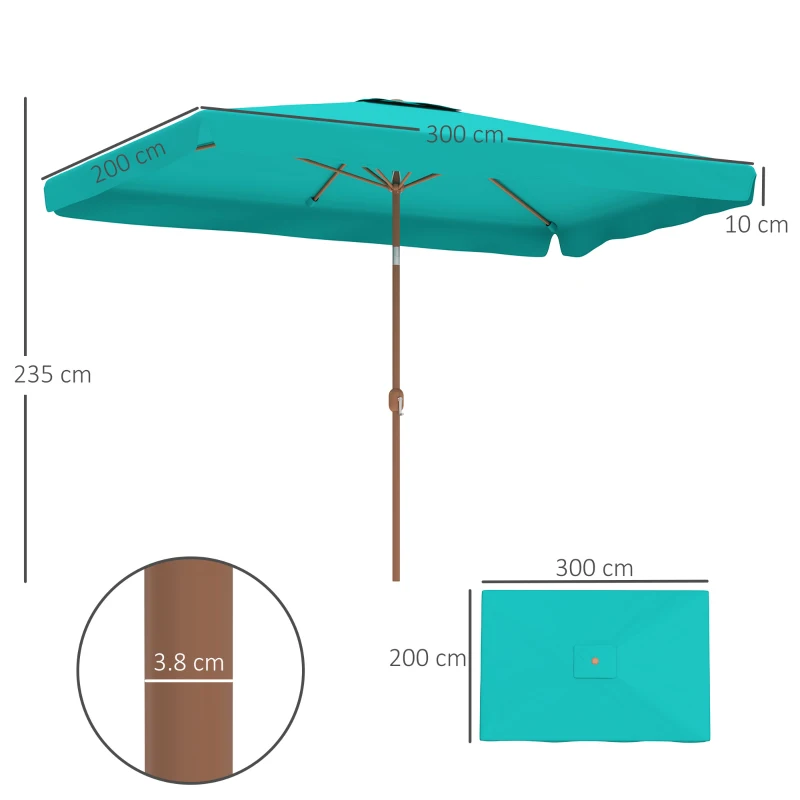 Outsunny Umbrela de Gradina inclinabila cu Deschidere cu Manivela si Orificiu de Aerisire, 300x200x235 cm, Turcoaz