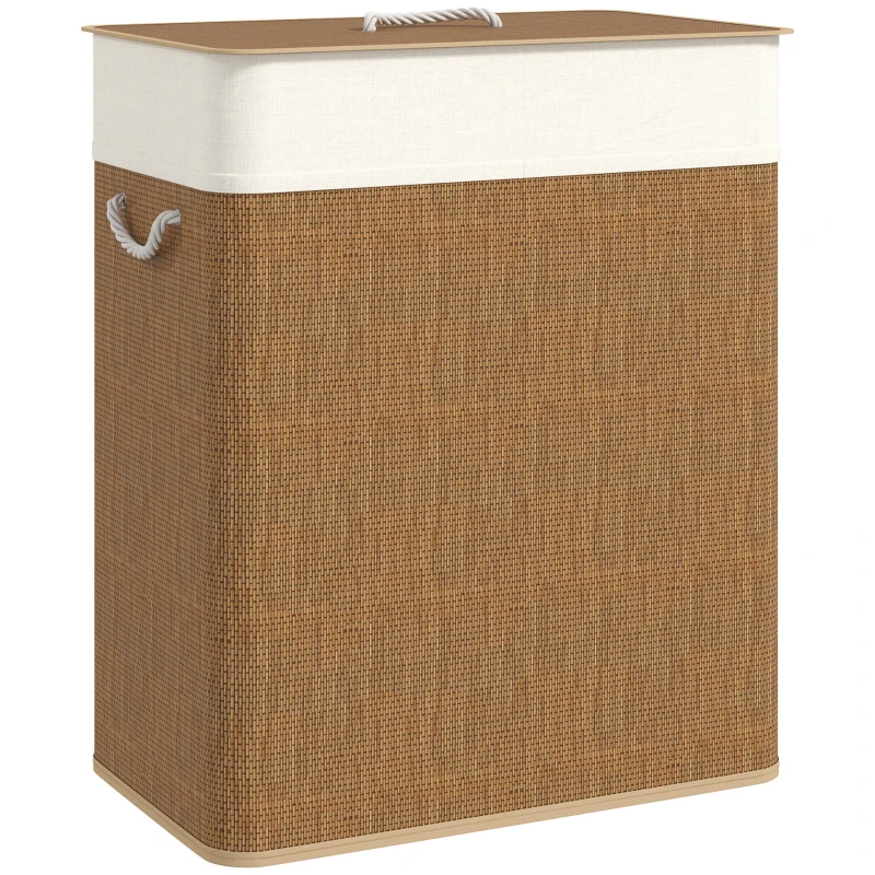 HOMCOM Cesto de Ropa Sucia de Bambú con 2 Compartimentos Asas para Facilitar el Uso y Bolsas Desmontables Lavables 52x32x63 cm