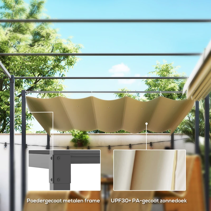 Outsunny 3 x 3 m Tuin-Pergola met Inklapbaar Dak, Paviljoen, Baldakijn voor Schaduw, UPF30+, Beige