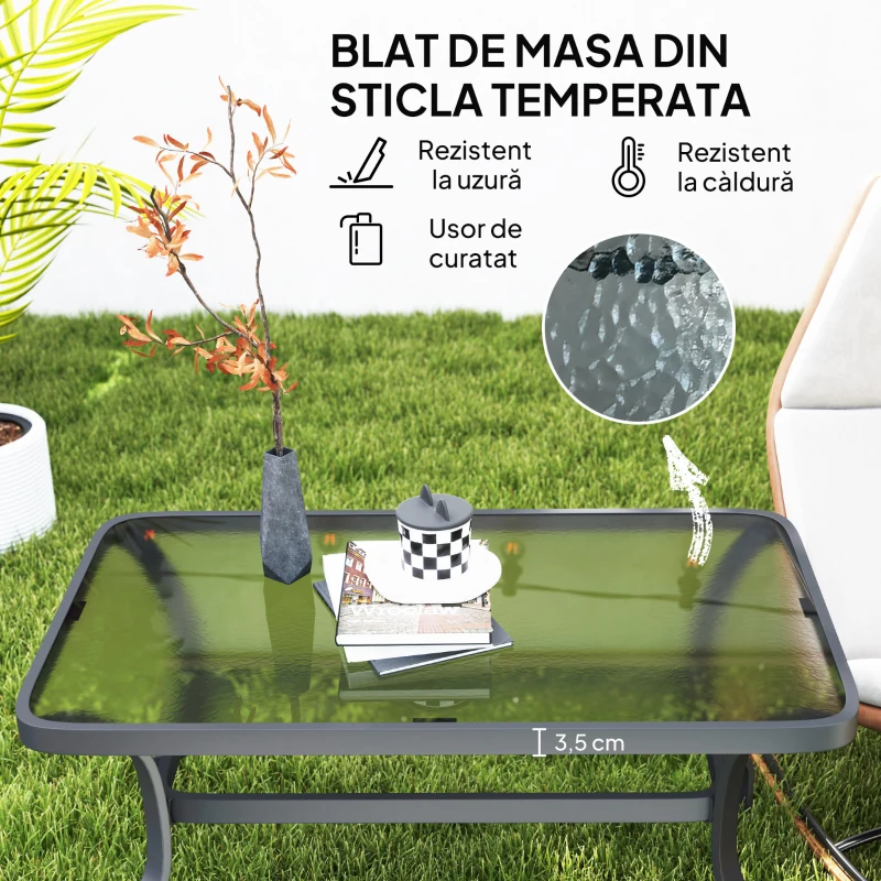 Outsunny Măsuță de Cafea pentru Exterior cu Blat din Sticlă Securizată, 95x55x46 cm, Negru