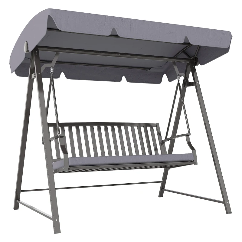 Outsunny Baloiço de Jardim para 3 Pessoas Banco Baloiço com Toldo Ajustável Almofada e Estrutura de Aço 205x133x181 cm Cinzento