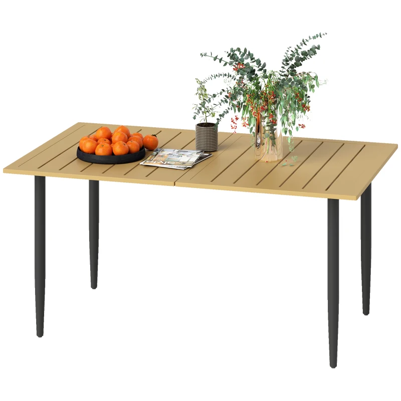 Outsunny Garden Dining Table, 150 x 90 cm Rectangle Outdoor Table with 5 cm Parasol Hole, Slatted Tabletop and Steel Frame for Patio Balcony, (Table Only) Brown