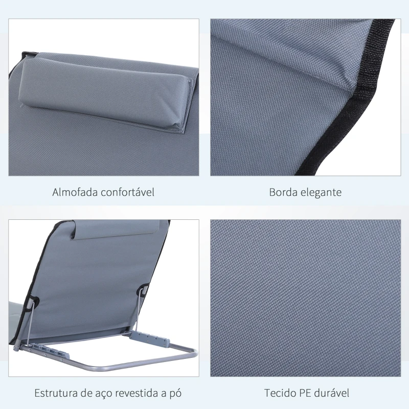 Outsunny Conjunto de 2 esteiras de praia com encosto reclinável em 5 níveis, bolsa de transporte e apoio de cabeça 48x134x33-43 cm cinza