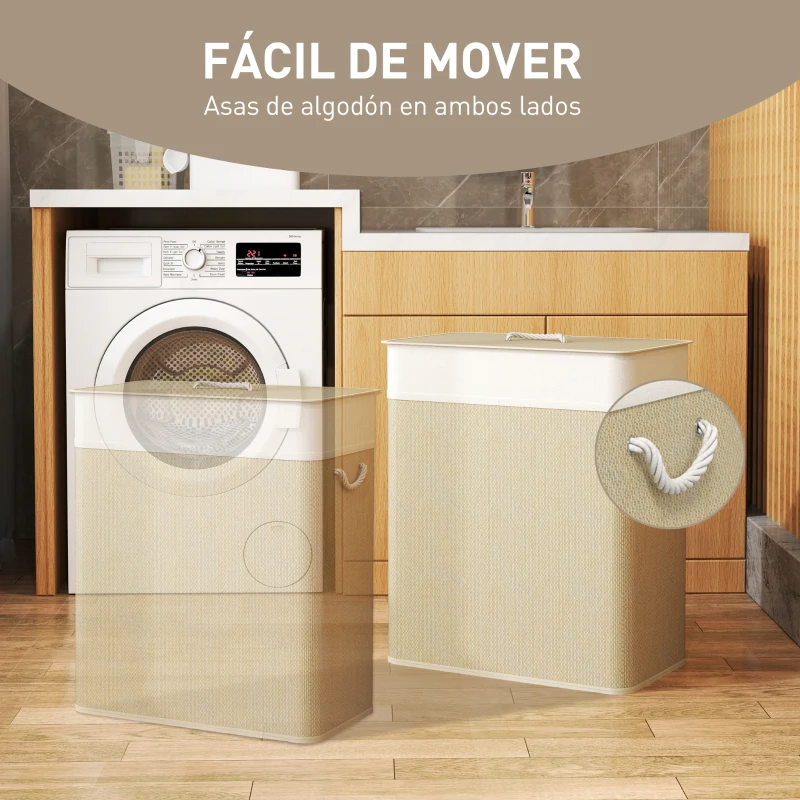 HOMCOM Cesto de Ropa Sucia de Bambú con 2 Compartimentos Asas para Facilitar el Uso y Bolsas Desmontables Lavables 52x32x63 cm
