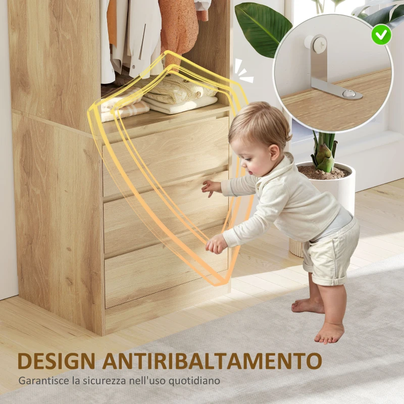 HOMCOM Armadio Guardaroba con Asta Appendiabiti, Ripiano Aperto e 3 Cassetti, in Legno, 60x48.5x185 cm, color Teak