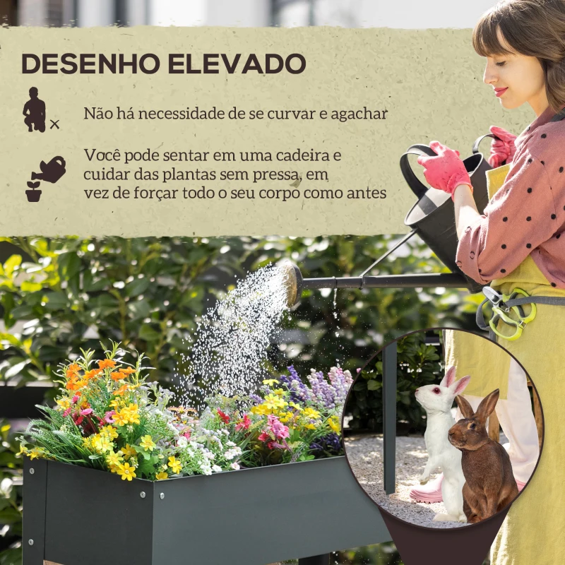 Outsunny Floreira Elevada Mesa para Cultivo Retangular para Plantas Verduras e Flores com 3 Orifícios de Drenagem 100x30x80cm Cinza
