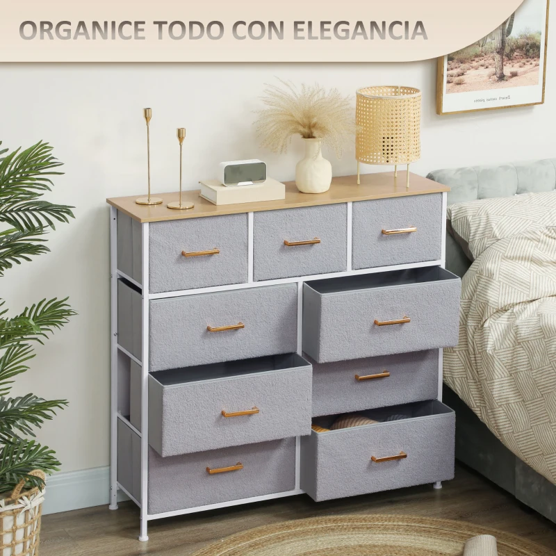 HOMCOM Cómoda Moderna con 9 Cajones de Tela y Diseño Elegante para Dormitorio Sala o Entrada 100x30x99 cm Gris