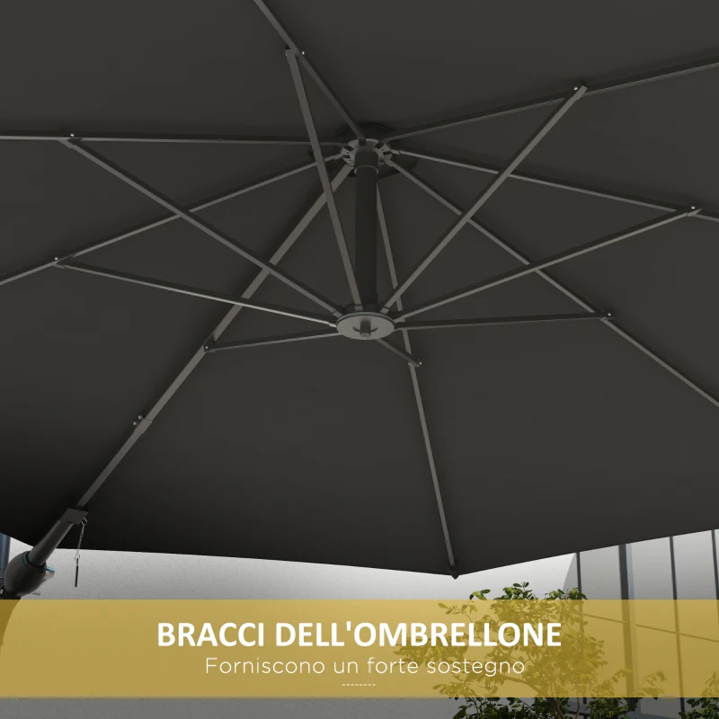 Outsunny Ombrellone da Giardino a Parete, Girevole a 180° con Manovella e 8 Stecche, Grigio