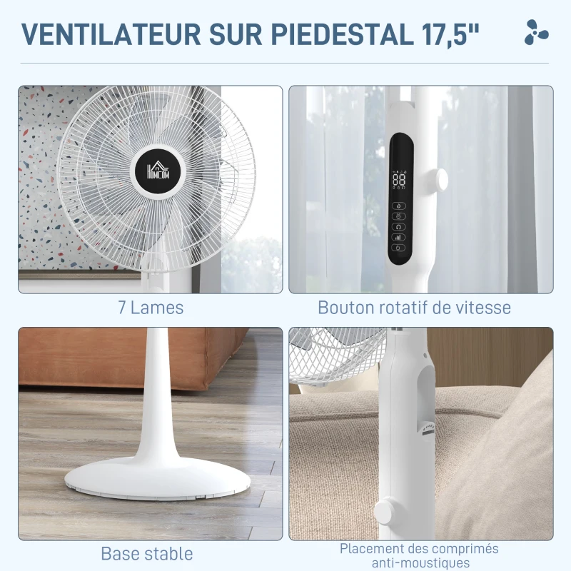 HOMCOM Ventoinha de Pé Ajustável em Altura com 7 Pás 28 Velocidades Oscilação de 75° Temporizador e Repelente de Mosquitos Branco