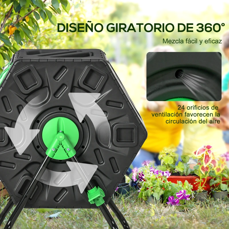 Outsunny Compostador Giratorio 65L con Sistema de Ventilación y Base de Acero para Compostaje de Residuos Orgánicos 60x49x77 cm