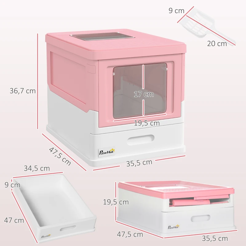 PawHut Caixa de Areia para Gatos Dobrável Caixa de Areia para Gatos Fechada com Bandeja Removível e Pá 47,5x35,5x36,7cm Rosa
