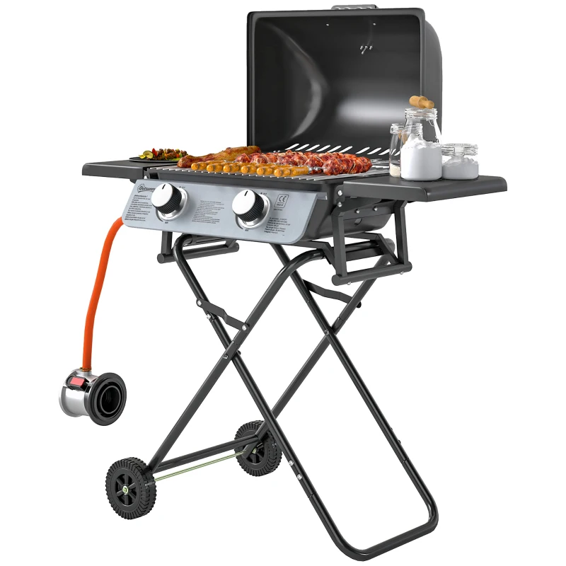 Outsunny Barbecue a Gás Portátil Dobrável com 2 Queimadores 3 KW Mesas Laterais Bandeja Removível Termómetro e 2 Rodas 101x50x102 cm Preto