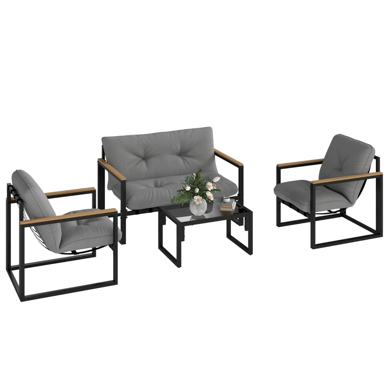 Outsunny Set da Giardino 4 Pezzi con 2 Sedie, Divanetto 2 Posti e Tavolino, in Acciaio e Poliestere Grigio Chiaro e Nero