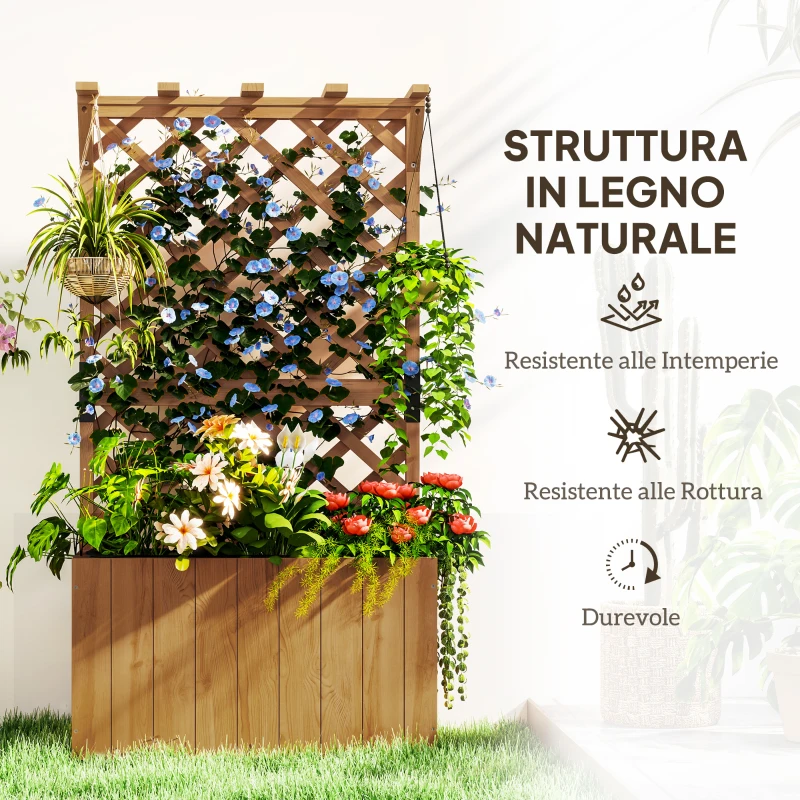 Outsunny Letto per Orto Rialzato con Traliccio per Rampicanti e Pergola Superiore, 64x33x122 cm, Legno