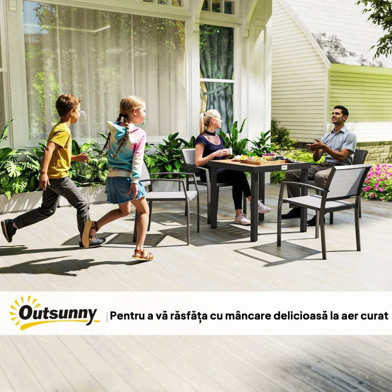 Masa de gradina Outsunny pentru 4 Persoane din Aluminiu, Masa de Exterior din Plastic pentru Terasa si Balcon, Negru si Culoare Lemn