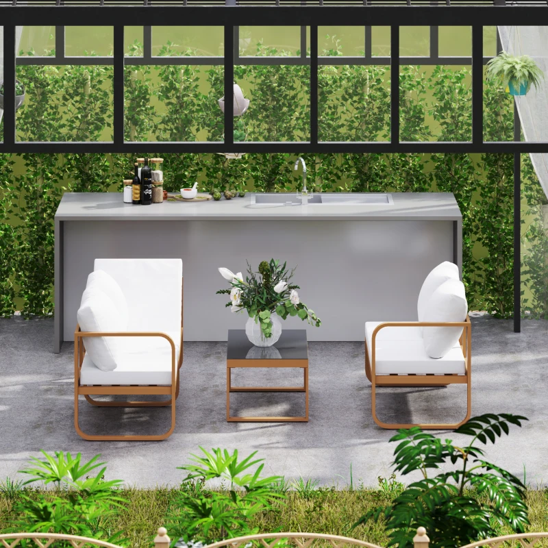 Outsunny Conjunto de Jardim de 3 Peças com Sofá de 3 Lugares com Assento Ajustável Sofá de 2 Lugares e Mesa de Centro Creme
