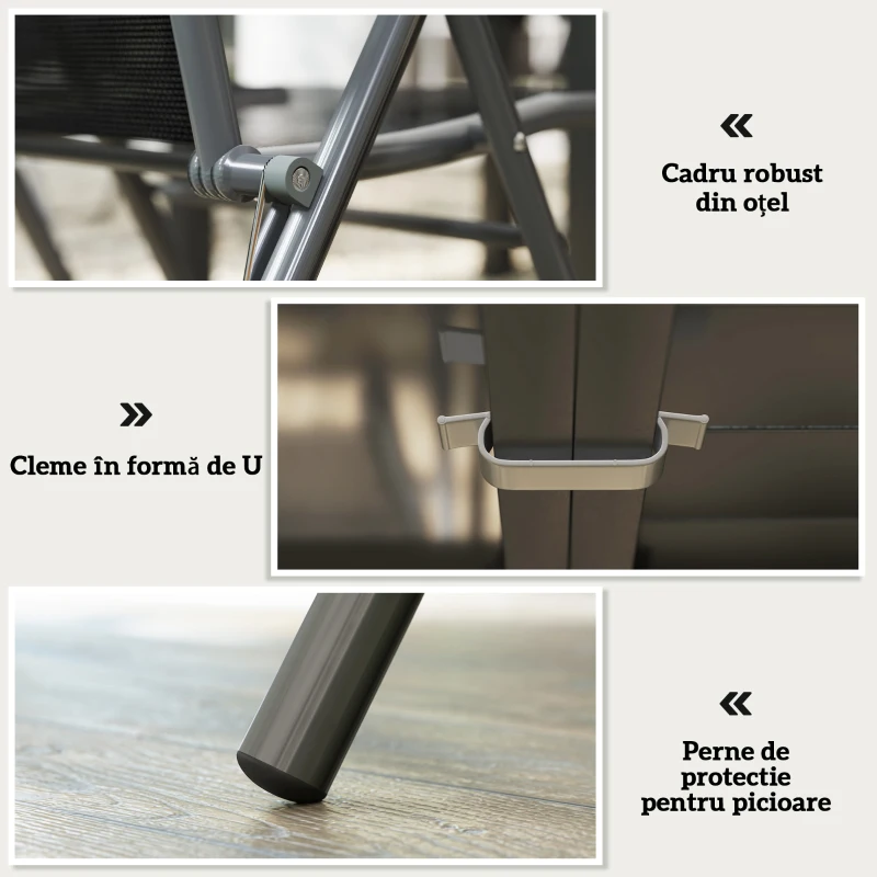 Outsunny Set de Grădină din 7 Piese cu Masă Extensibilă și 6 Scaune Pliabile cu Brațe, 90/180x90x75 cm, Gri și Negru
