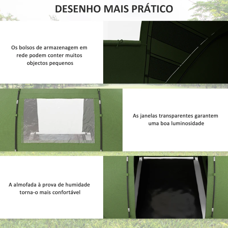 Outsunny Tenda de Campismo Familiar para 4 Pessoas Tenda Dobrável Impermeável para Praia Parque 430x240x170 cm Verde