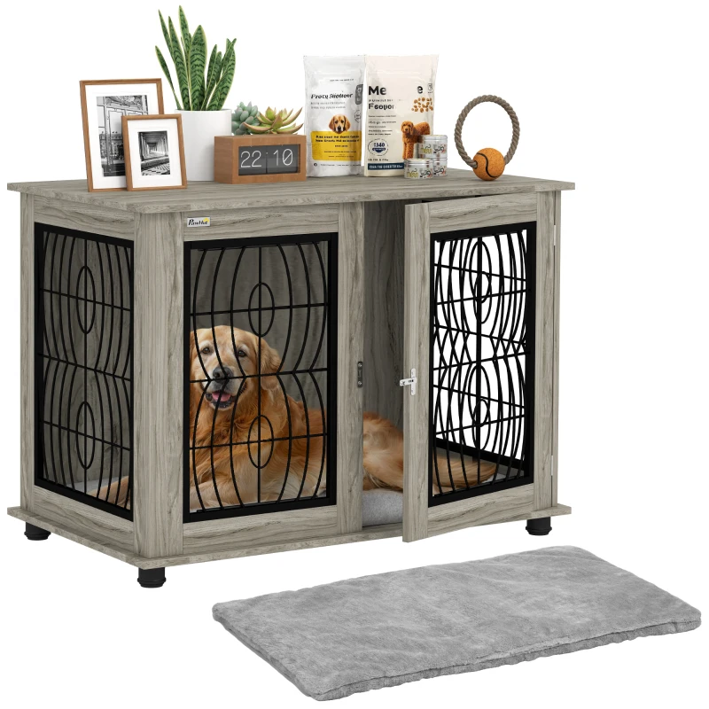 PawHut Indoor Dog Crate Furniture End Table with Soft Washable Cushion, Lockable Front Door, for Large Dogs - Grey