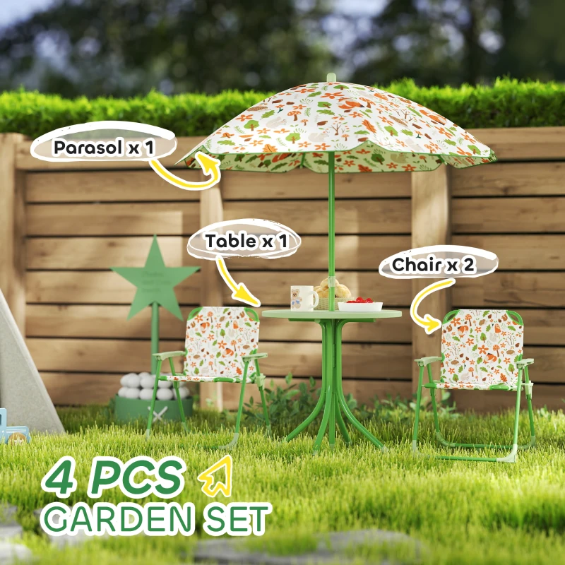 AIYAPLAY Set de Mobilier de Grădină din 4 Piese cu Masă, Scaune și Umbrelă de Soare Reglabilă, 50xΦ49,5 cm, Verde