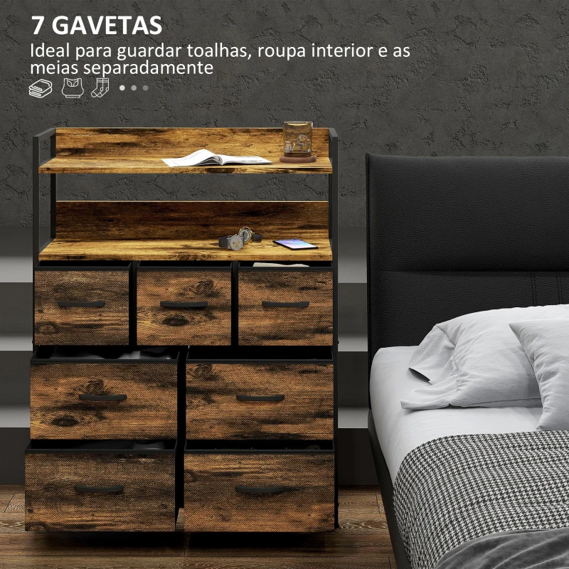 HOMCOM Cómoda com 7 Gavetas Dobráveis Prateleiras Abertas e Estrutura de Aço Cómoda Estreito 79x29x101 cm Castanho Rústico