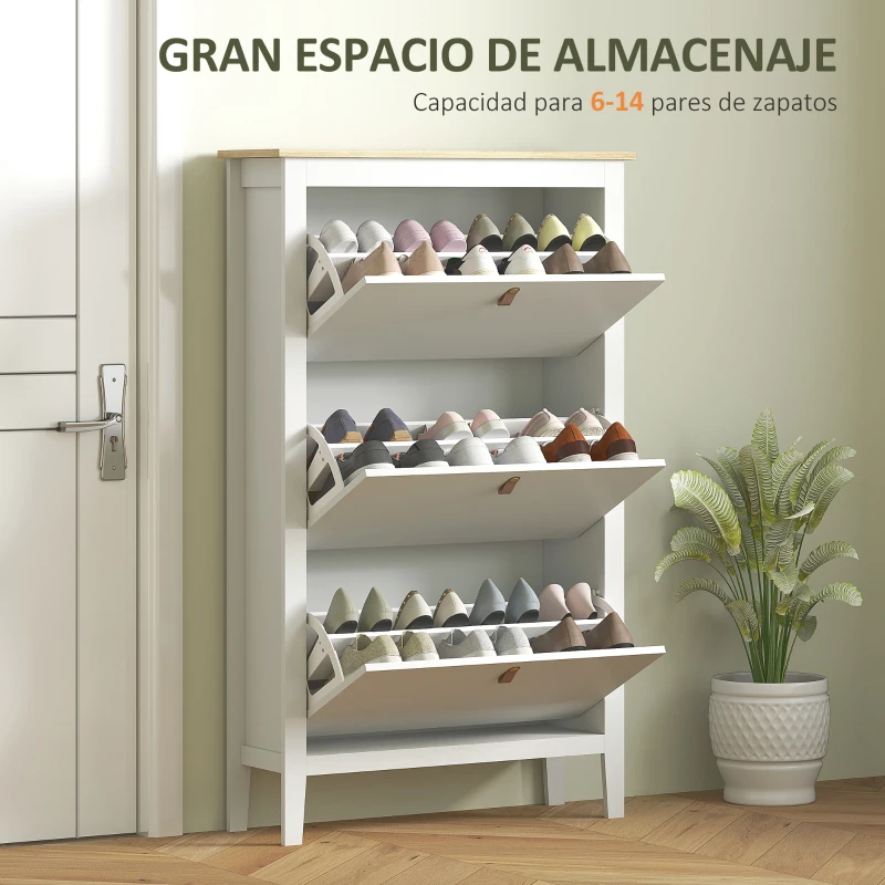 HOMCOM Zapatero Estrecho con 3 Compartimentos y Tiradores de Cuero PU para Pasillos y Recibidores 80x24x131 cm Blanco y Madera