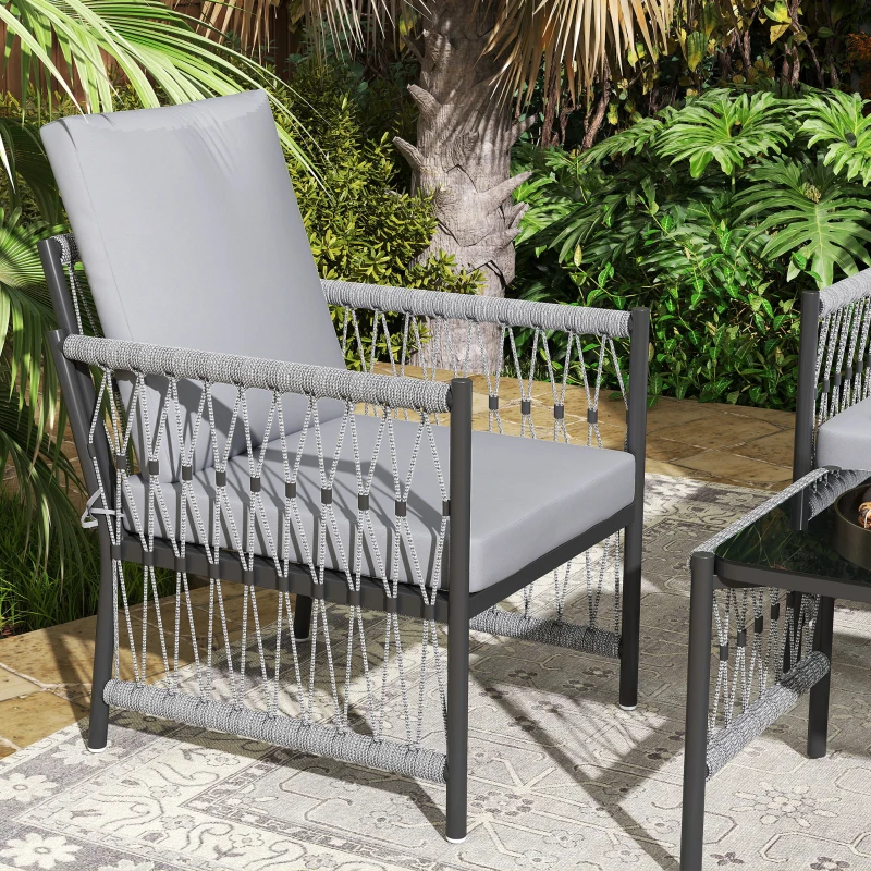 Outsunny 4 Piece Rattan Garden Furniture Set, 4 Seater Wicker Patio Conversation Set with 2 Armchairs, Loveseat, Glass Top Coffee Table and Cushions for Outdoor, Balcony, Grey