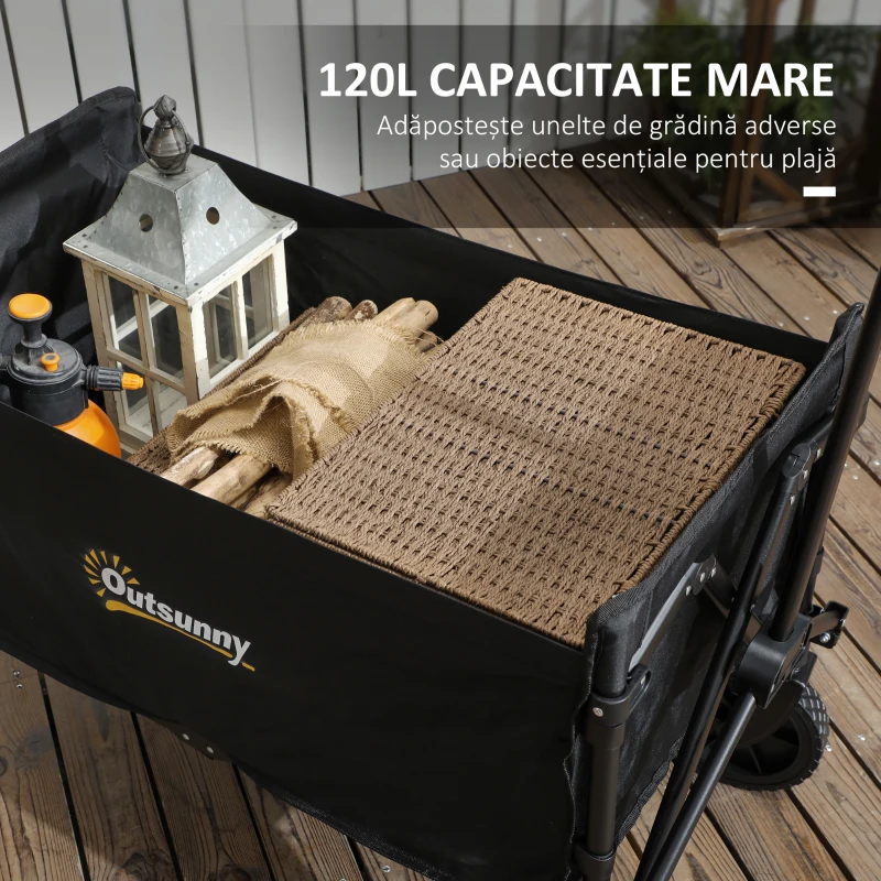 Outsunny Cărucior Pliabil pentru Grădină cu Roți și Mâner Reglabil,  90x48x62 cm, Negru