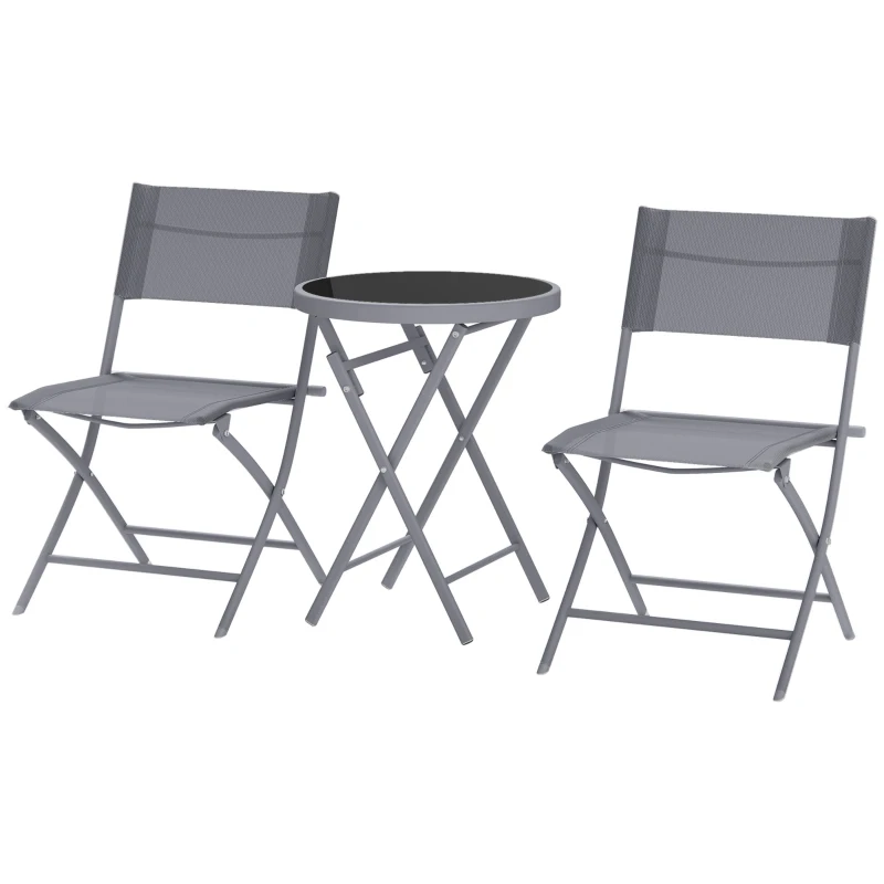 Outsunny 3 Pieces Outdoor Bistro Set, Glass Top Outdoor Table and 2 Folding Chairs with Protecting Feet, Grey