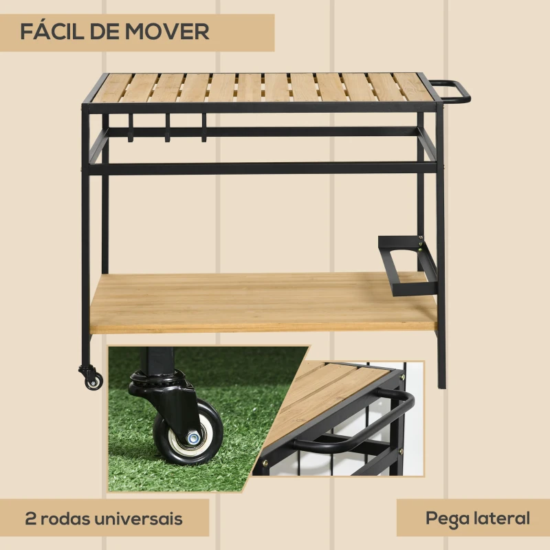 Outsunny Carrinho Multifuncional com Rodas de Madeira Bancada em Ripas 2 Prateleiras 3 Ganchos 107x65x80 cm Madeira