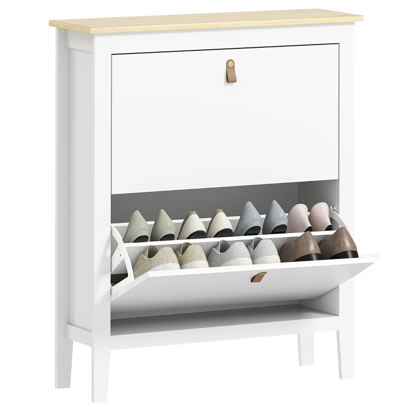 HOMCOM Zapatero Estrecho con 2 Compartimentos y Tiradores de Cuero PU para Pasillos y Recibidores 80x24x95,5 cm Blanco y Madera